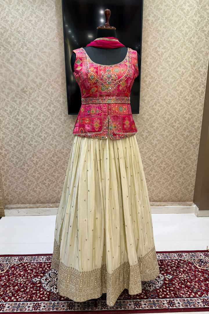 Rani Pink with Cream Banaras, Beads, Sequins, Zari and Stone work Peplum Style Lehenga