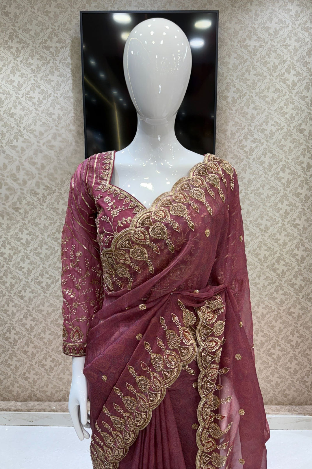 Onion Pink Pearls, Beads and Multicolor Thread work with Self Print Saree