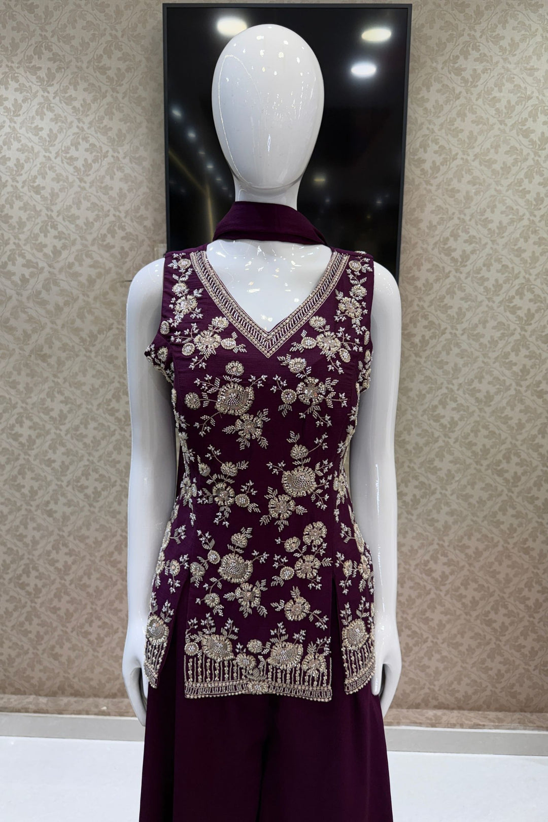 Wine Beads, Zari and Sequins work Palazzo Salwar Suit