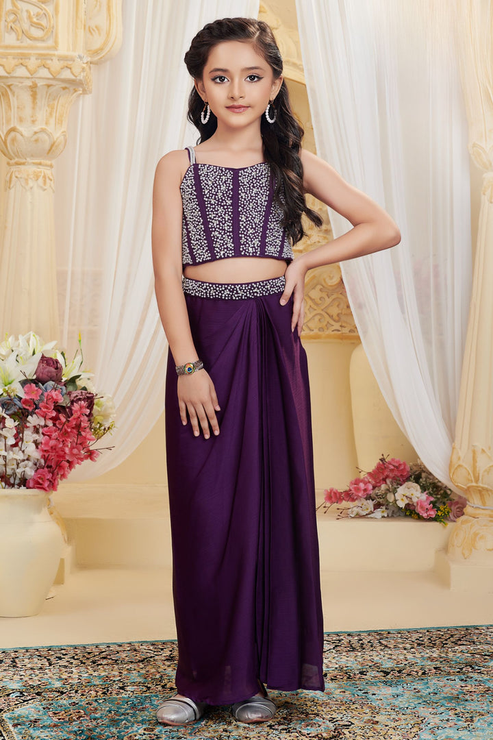 Purple Pearl and Stone work Choli with Cowl Skirt for Girls