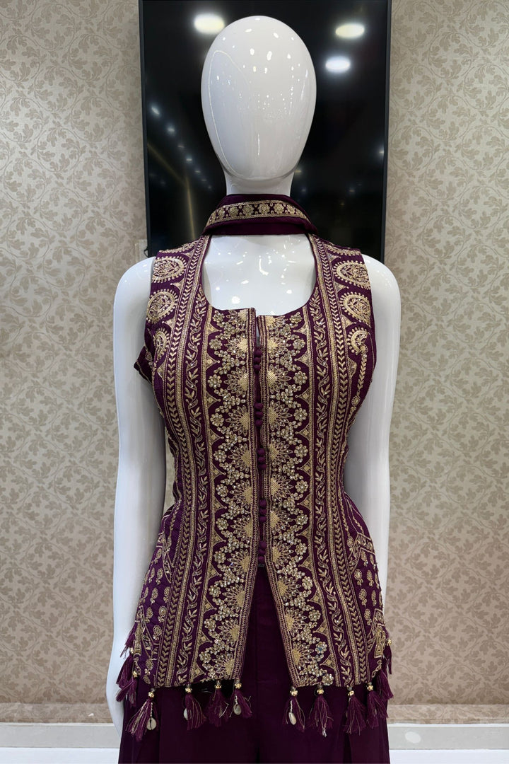 Wine Zari, Sequins, Stone and Beads work Top with Flared Palazzo Set