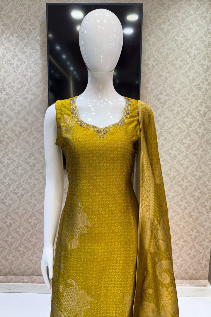 Olive Green Banaras, Stone, Zardozi, Beads and Zari work Straight Cut Salwar Suit