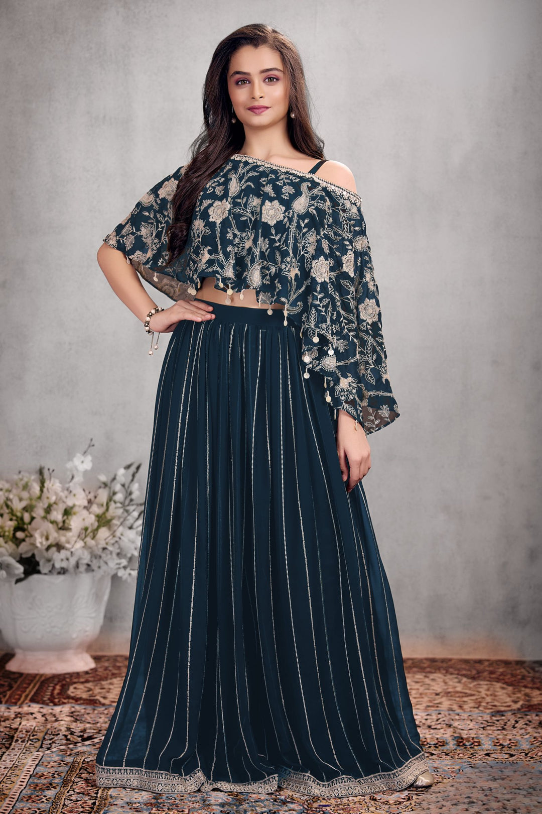 Dark Blue Sequins, Thread and Beads work Kaftan Styled Palazzo Set For Girls