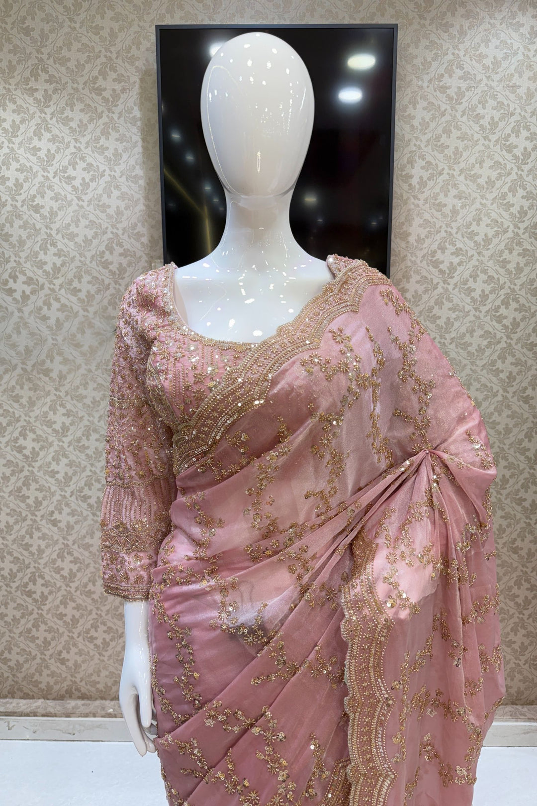 Rose Pink Zari, Beads and Sequins work Saree