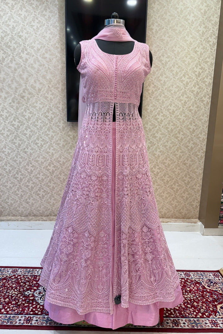Baby Pink Zari Thread and Stone work Mastani Styled Long Top Lehenga