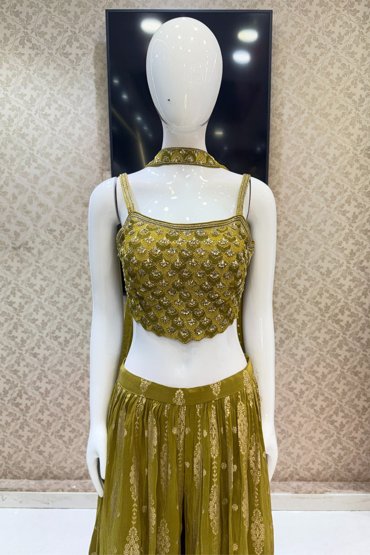 Olive Green Zardozi, Sequins, Banaras and Embroidery work Crop Top with Palazzo Pant