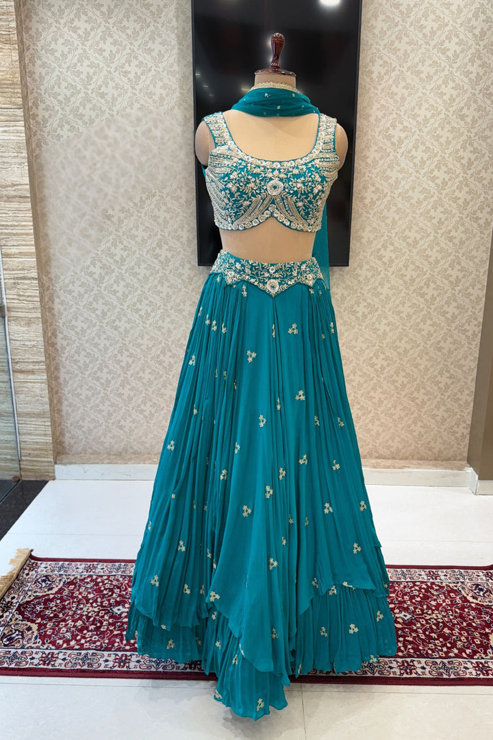 Rama Blue Sequins, Beads, Mirror, Zardozi and Zari work Crop Top Lehenga