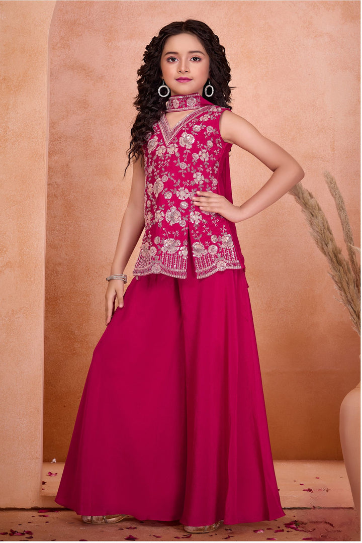 Rani Pink Sequins, Beads and Thread work Palazzo Suit Set for Girls