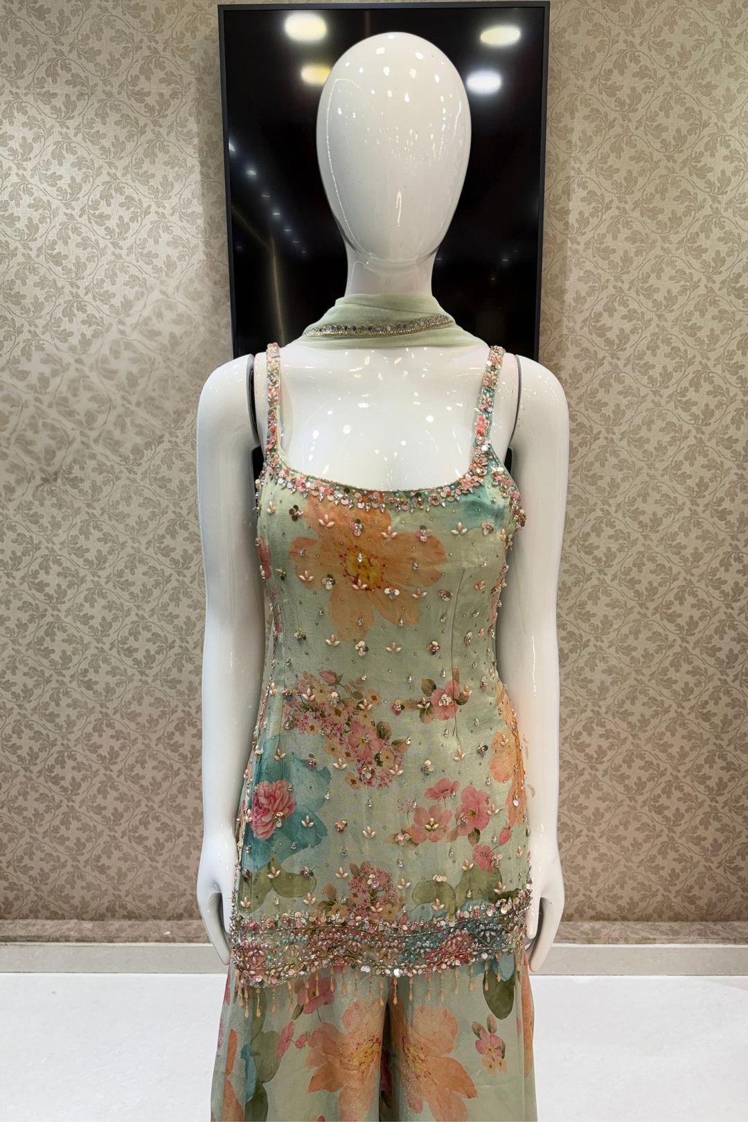Sea Green Stone, Beads and Kundan work with Floral Print Palazzo Salwar Suit