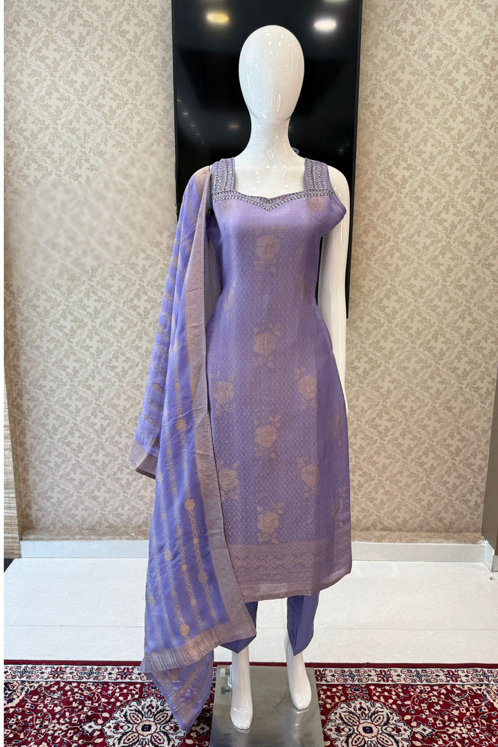 Lilac Banaras, Mirror, Zardozi, Beads, Stone and Sequins work Straight Cut Salwar Suit
