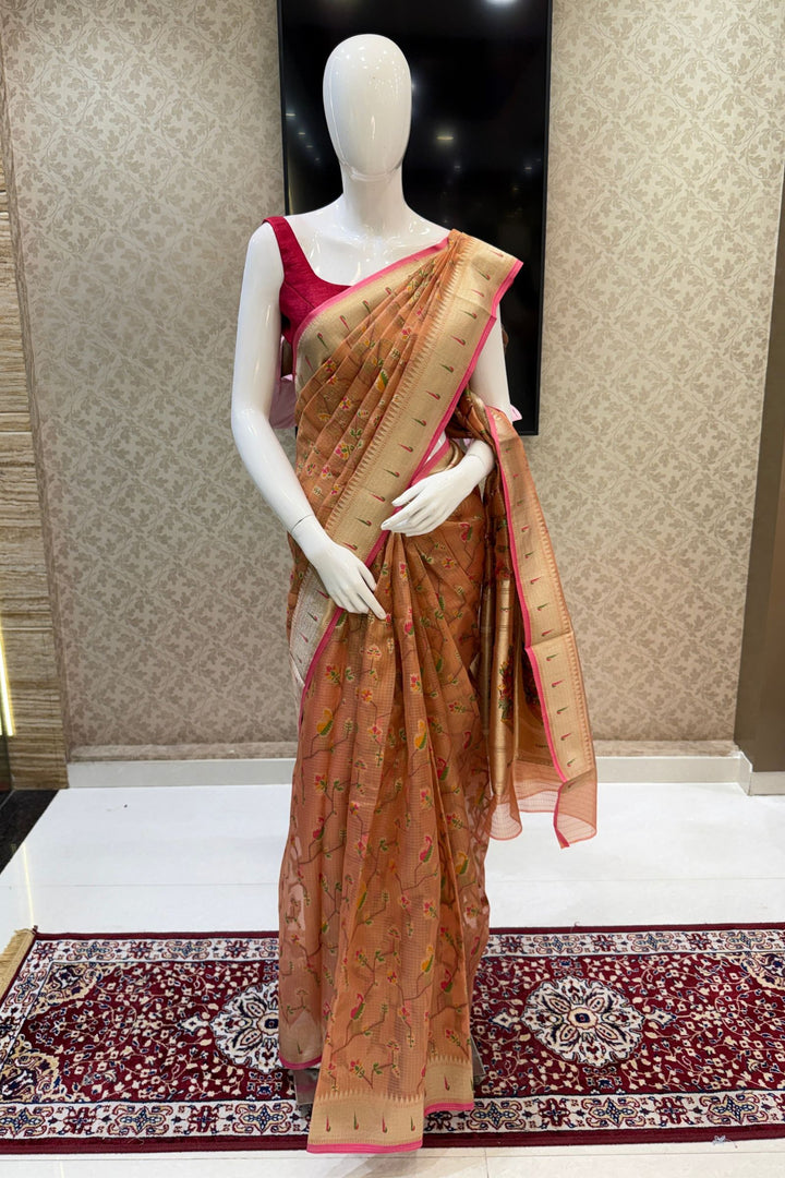 Orange Banaras and Zari Weaving work Saree