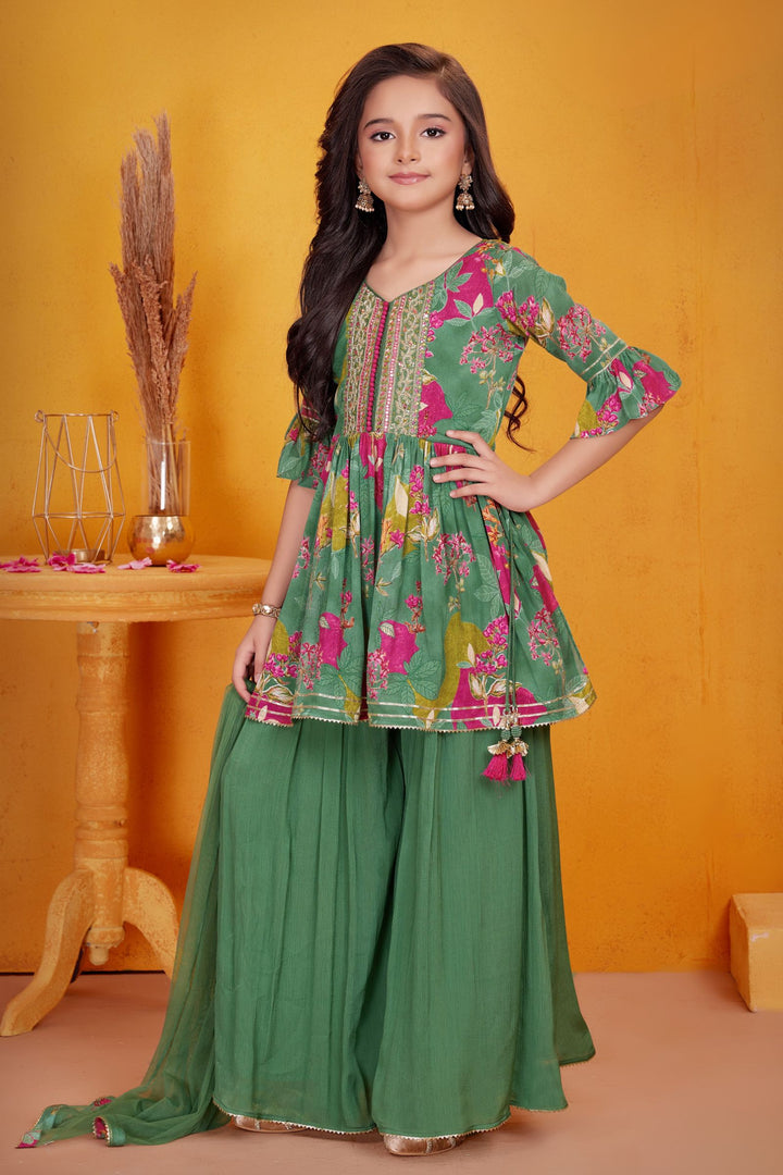 Green Sequins work with Multicolor Digital Print Peplum Top and Palazzo Set For Girls