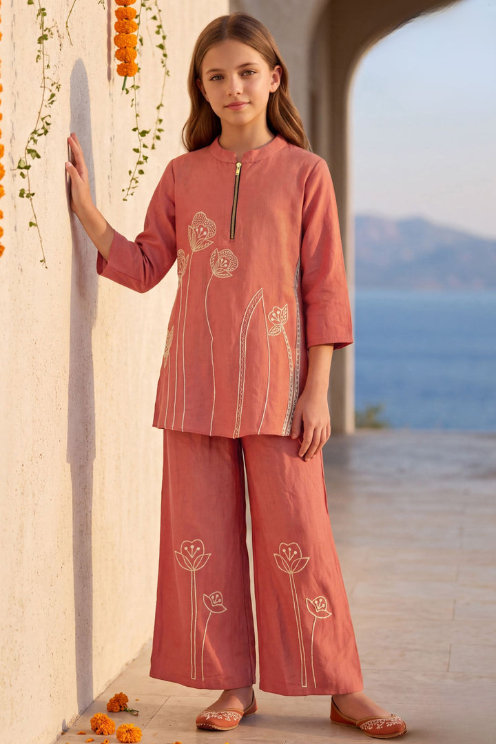 Peach Pearl, Beads and Thread work Co-ord Set for Girls