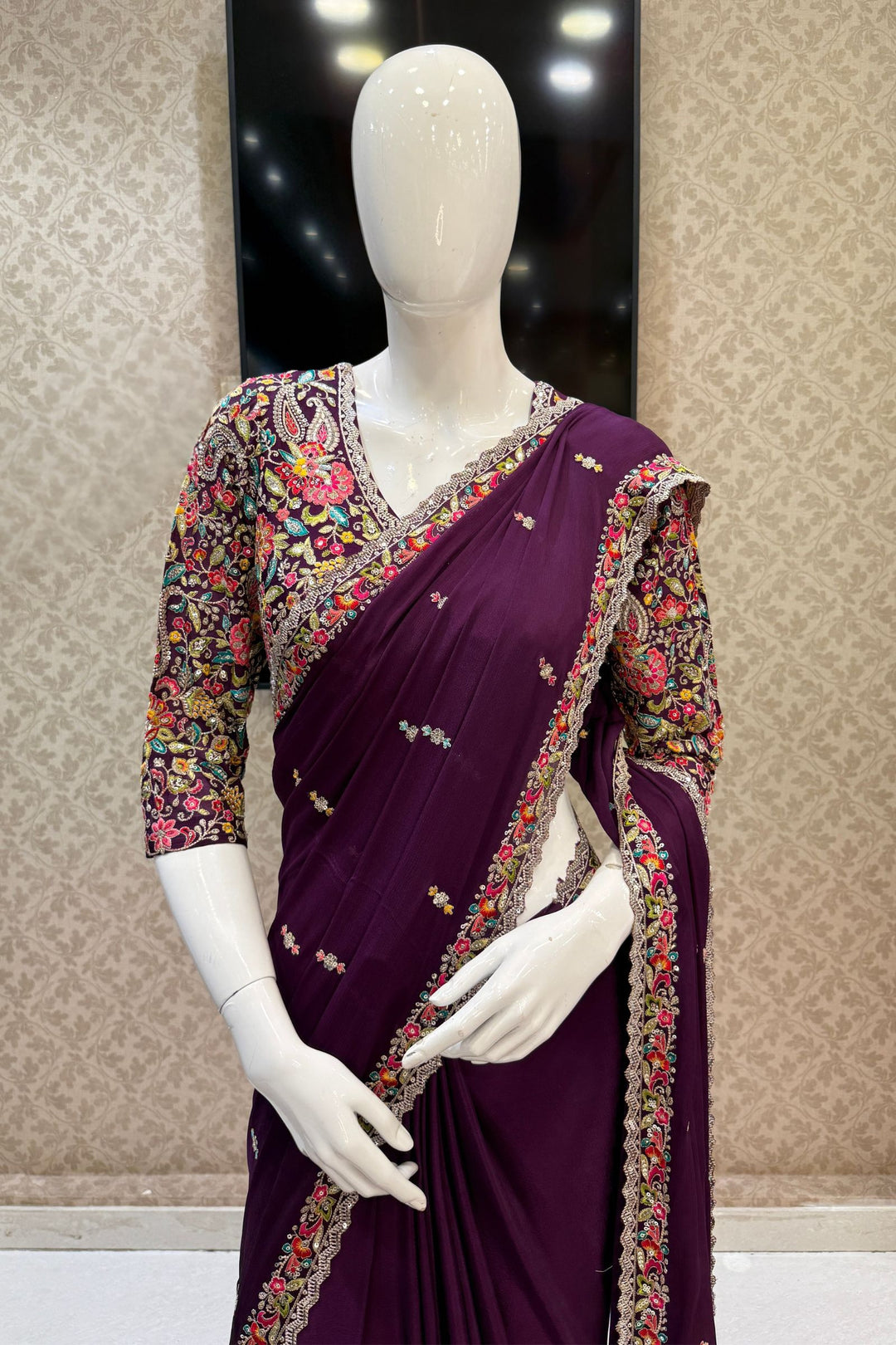 Purple Embroidery, Sequins and Zari work Saree