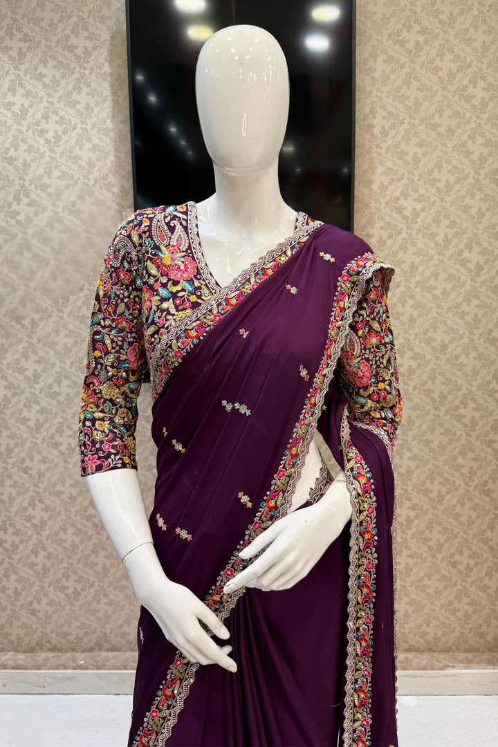 Purple Embroidery, Sequins and Zari work Saree
