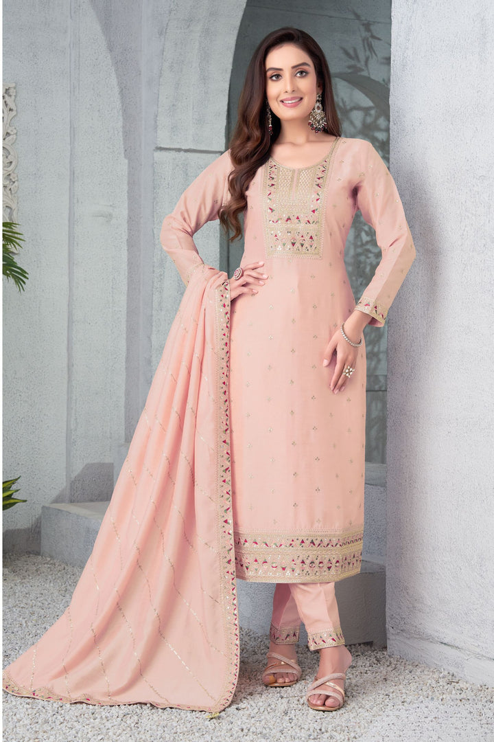 Peach Sequins, Zari and Multicolor Thread work Straight Cut Salwar Suit