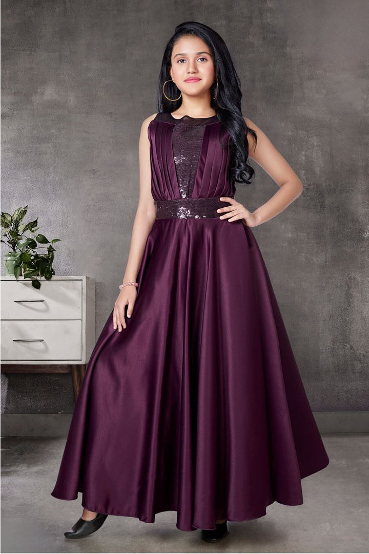 Wine Sequins work Long Party Gown for Girls