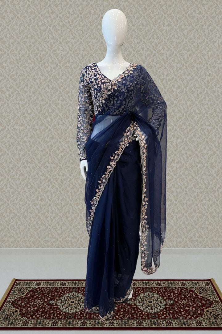 Navy Blue Sequins, Beads, Stone and Pearl work Organza Saree with Designer V-Neck Blouse