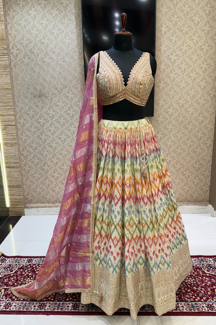 Cream Multicolor Embroidery, Sequins, Zari, Beads and Zardozi work Crop Top Lehenga
