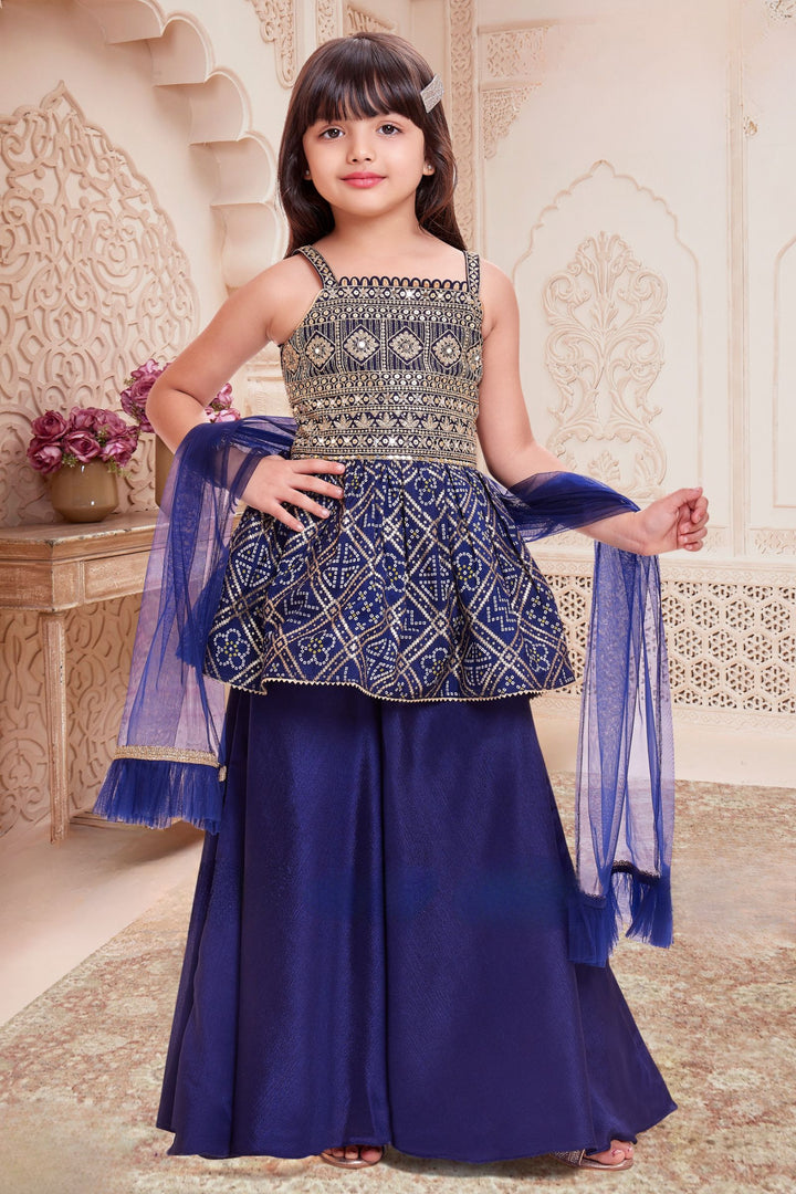 Royal Blue Sequins, Zari and Mirror work Peplum Styled Palazzo Suit Set for Girls