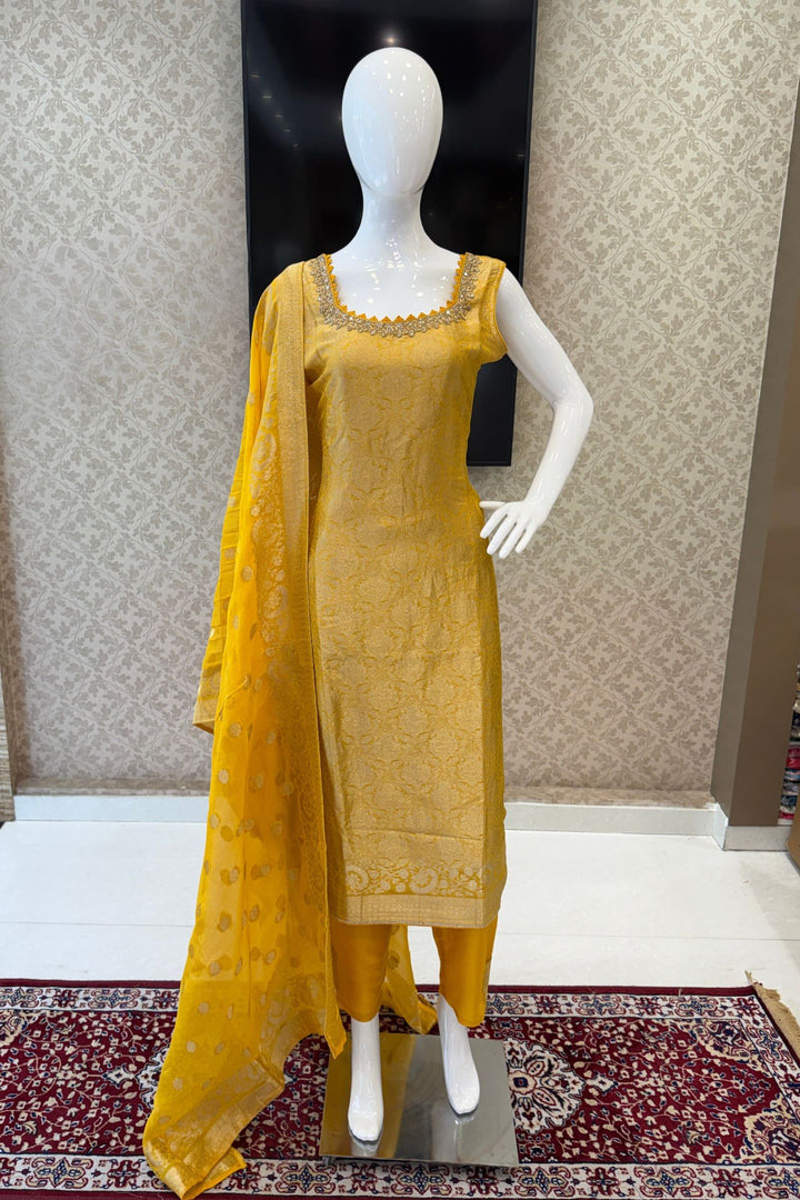 Yellow Beads, Mirror, Stone, Banaras and Brocade work Straight Cut Salwar Suit