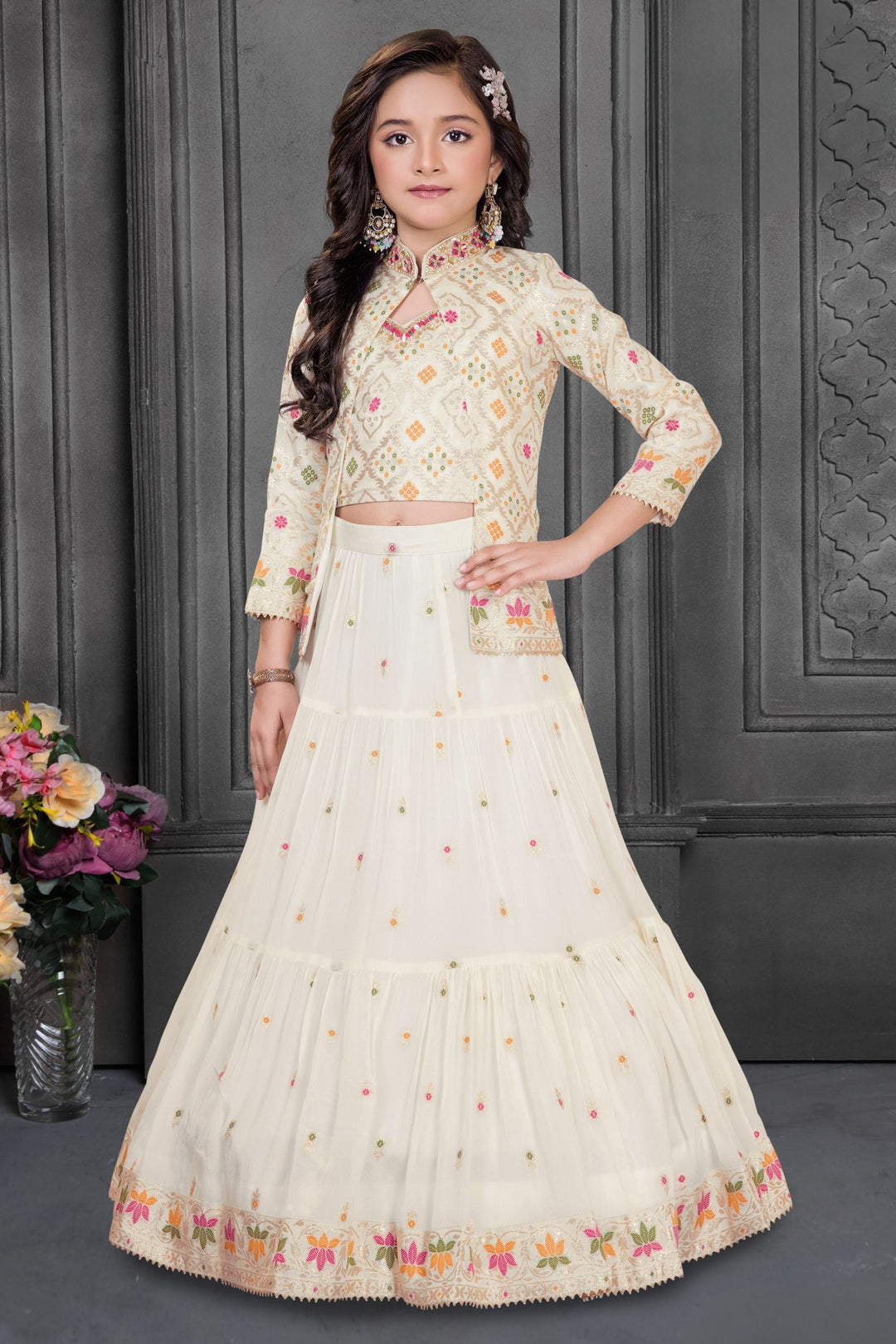 Cream Banaras Zari, Mirror and Stone work Jacket Styled Lehenga Choli for Girls