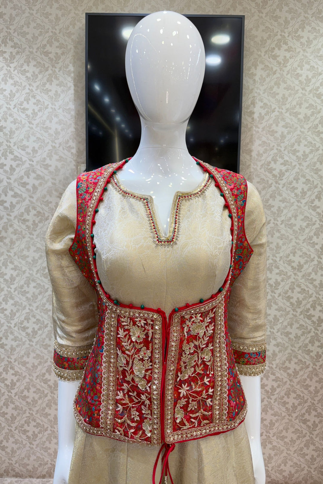 Beige Zardozi and Banaraswork Anarkali Style with jacket Salwar Suit with Palazzo Pant