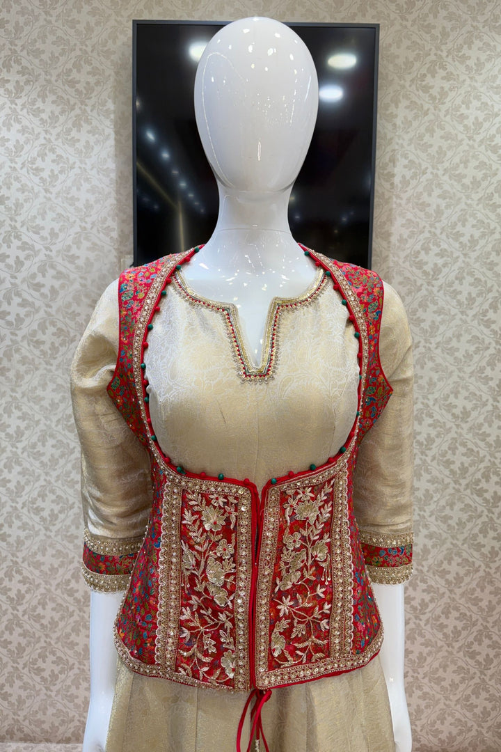Beige Zardozi and Banaraswork Anarkali Style with jacket Salwar Suit with Palazzo Pant