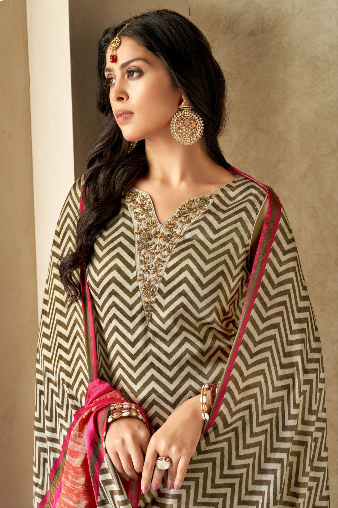 Beige with Brown Zig Zag Print, Beads, Sequins and Zardozi work Straight Cut Salwar Suit