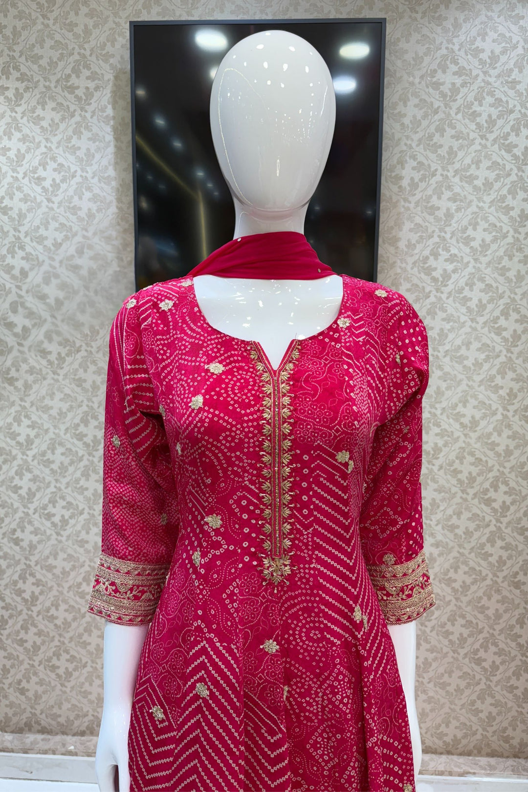 Rani Pink Zardozi, Stone, Sequins and Zari work with Bandini Print Anarkali Style Salwar