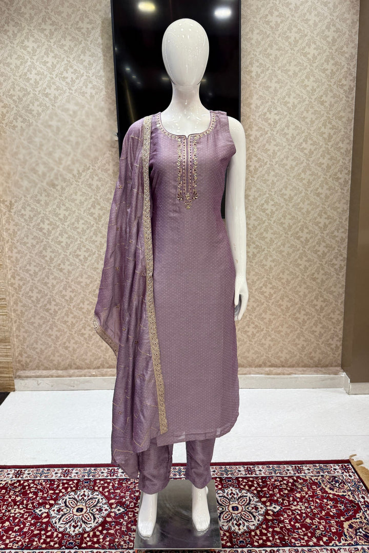 Lilac Mirror, Sequins, Zardozi and Beads work Straight Cut Salwar Suit