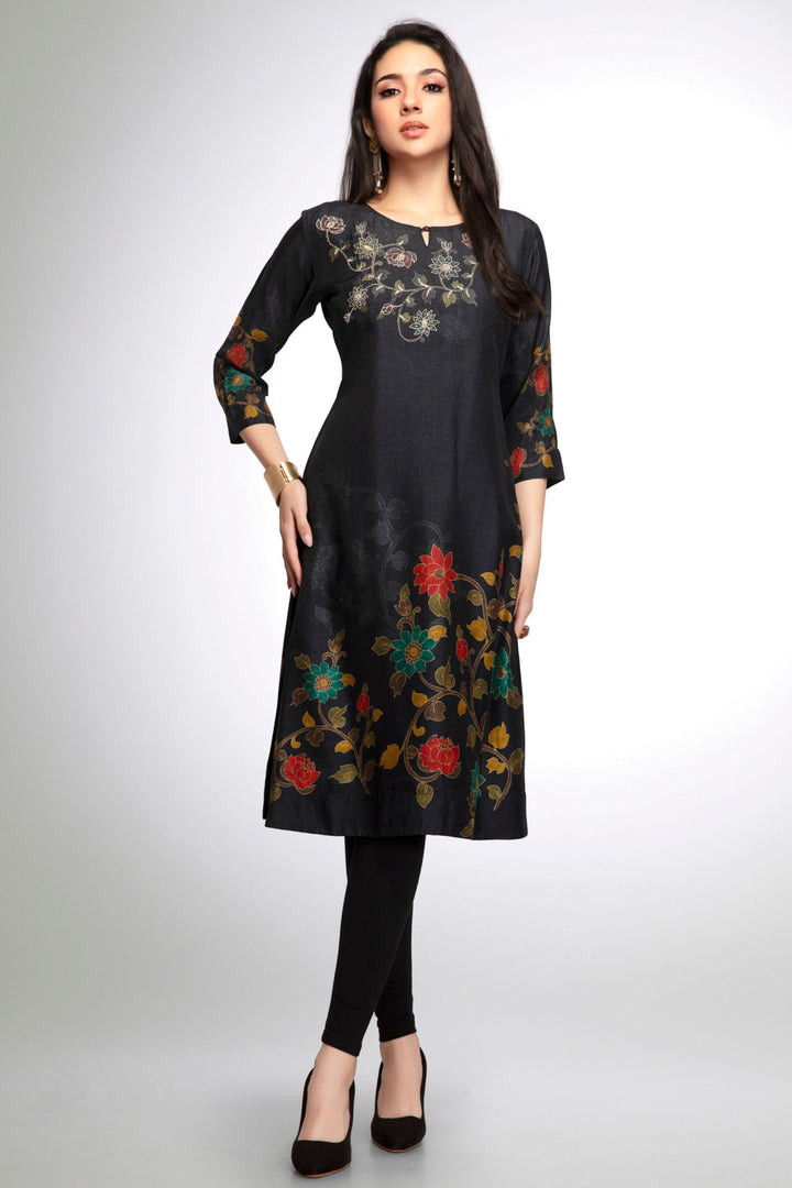 Black Embroidery, Stone and Mirror work with Floral Print Calf Length Kurti