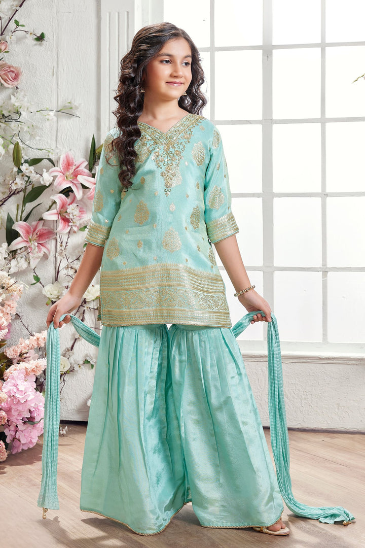 Aqua Blue Zardozi, Beads and Zari work Sharara Suit Set for Girls