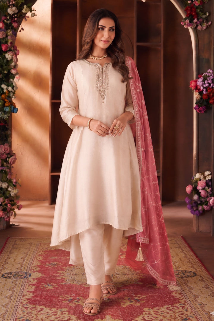 Beige Beads, Mirror, Zardozi, Zari and Sequins work A-line Cut Anarkali Styled Salwar Suit