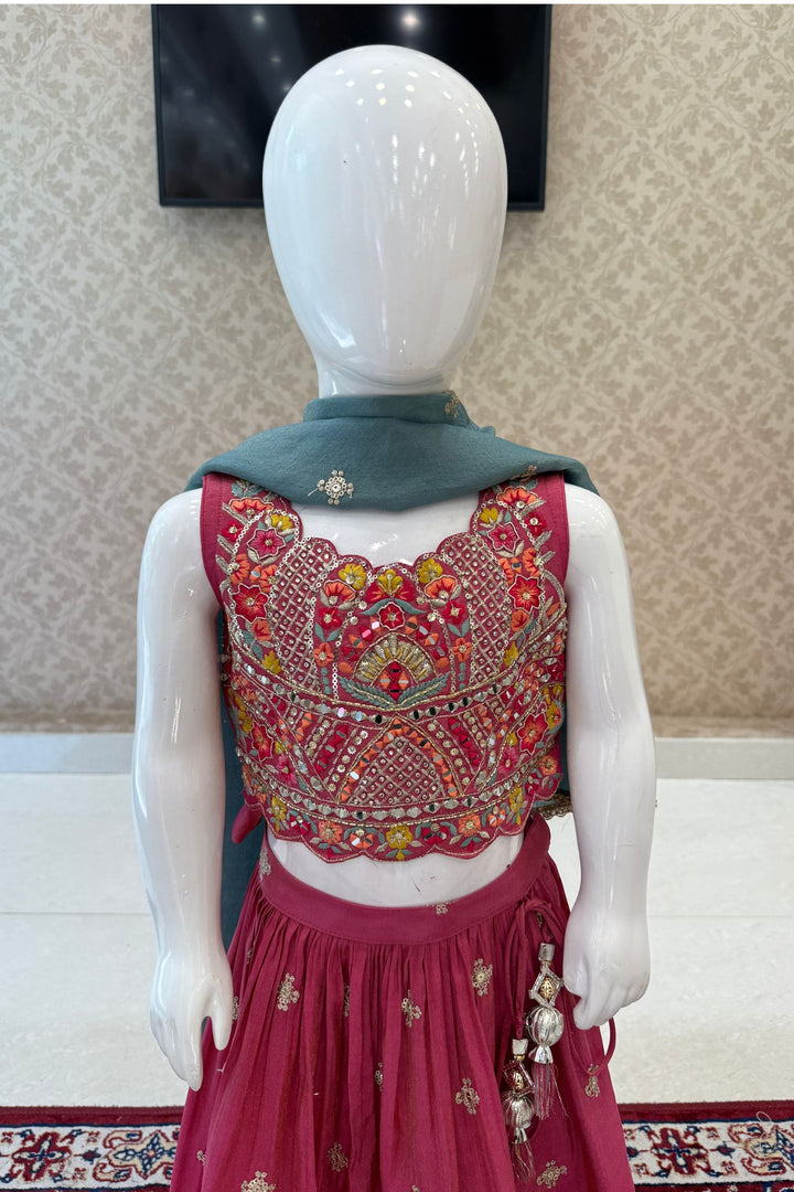 Pinkish Red Mirror, Embroidery, Beads and Sequins work Lehenga Choli for Girls