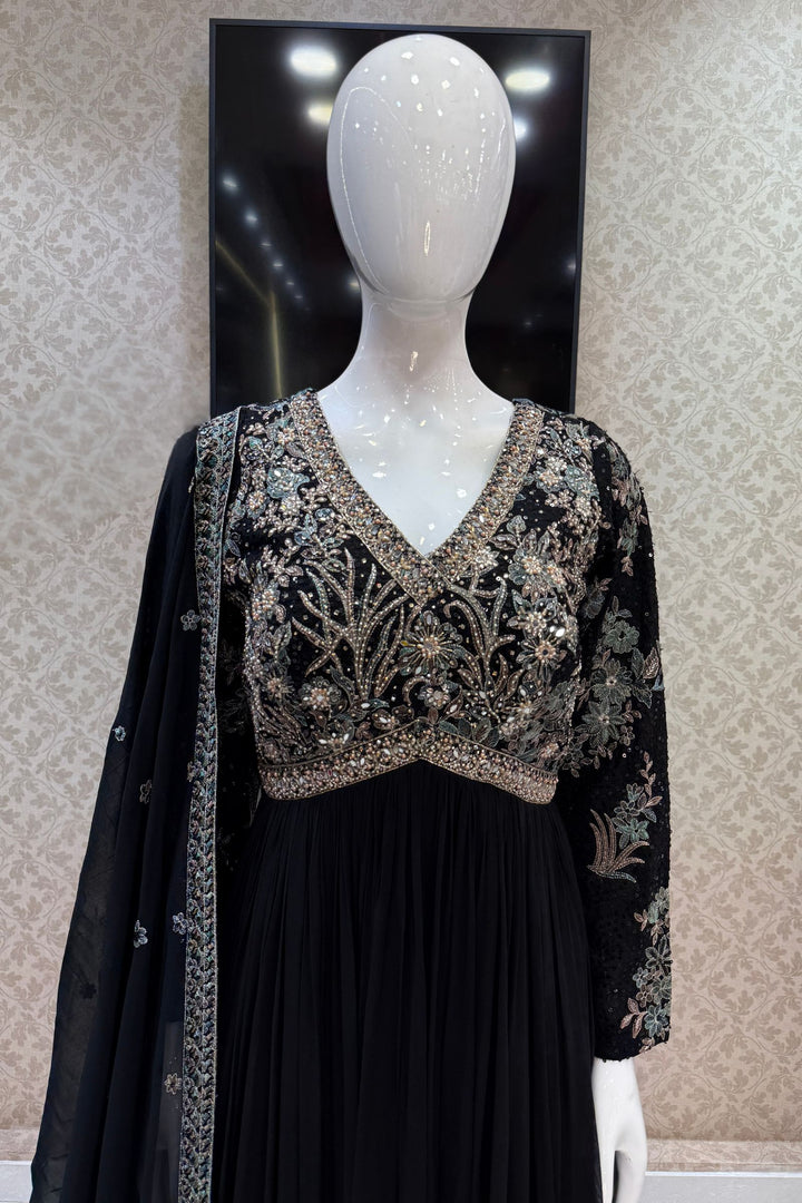 Black Embroidery, Sequins, Beads, Mirror and Stone work Floor Length Anarkali Suit