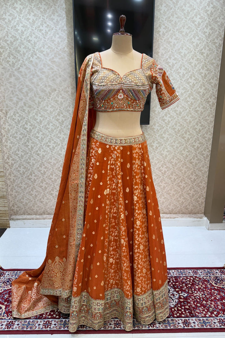 Orange Zari, Sequins, Beads and Multicolor Thread work Crop Top Lehenga