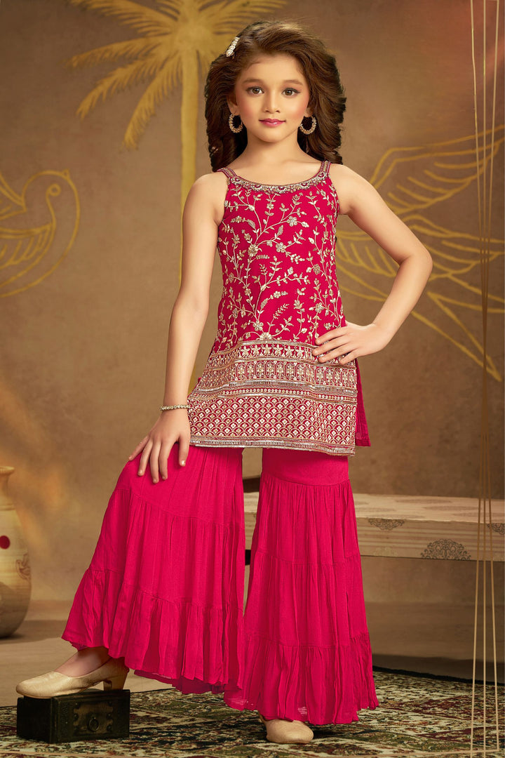 Rani Pink Sequins, Zari, Mirror, Stone and Beads work Sharara Suit Set for Girls