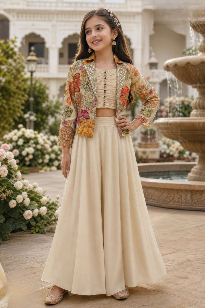 Beige Floral Print, Zari, Sequins, Beads and Mirror work Jacket Styled Palazzo Set for Girls