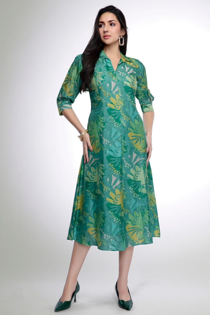 Green Beads work with Multicolor Digital Print Calf Length Kurti