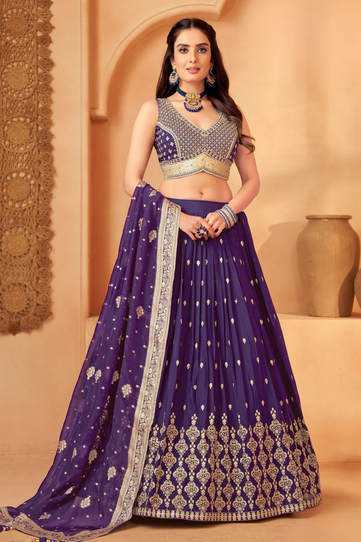 Purple Stone, Zari, Sequins and Beads work Crop Top Lehenga