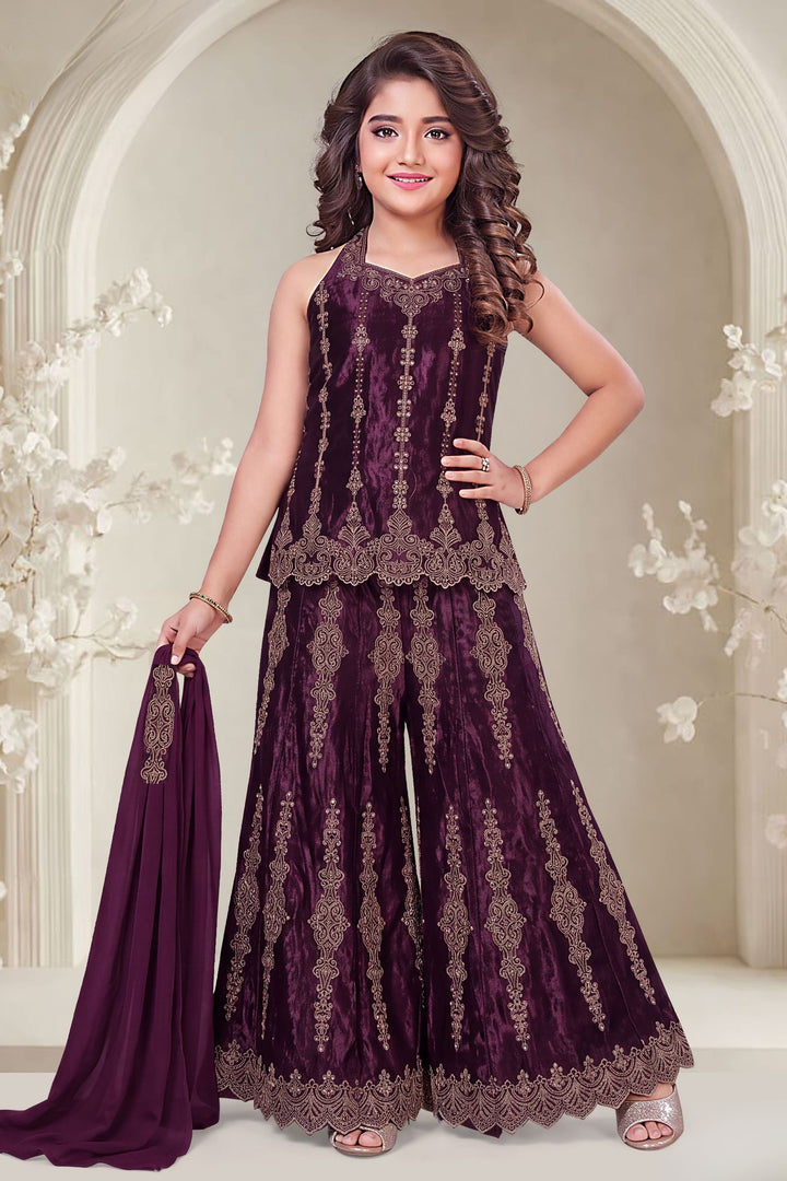 Wine Stone and Zari work Palazzo Suit Set for Girls
