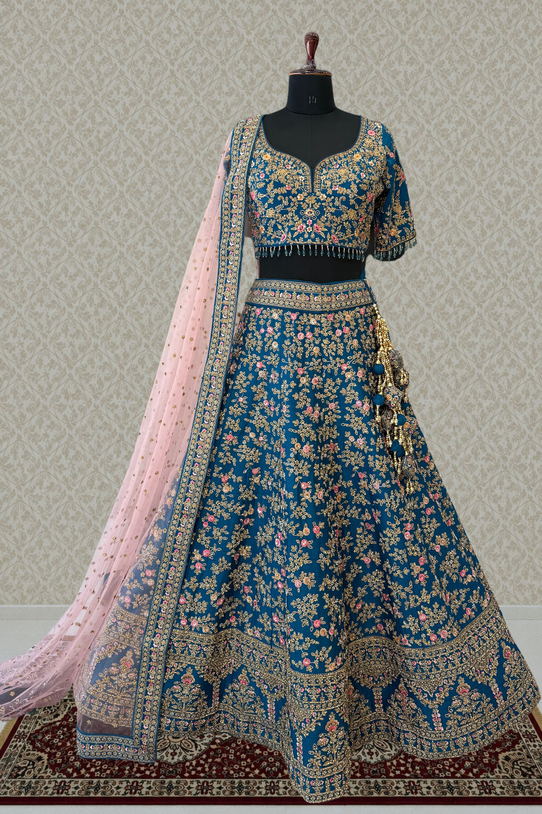Rama Blue Bridal Lehenga with Pink Dupatta and Stone, Pearl and Zari work work