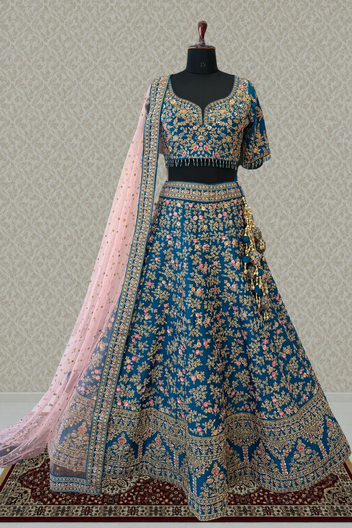 Rama Blue Bridal Lehenga with Pink Dupatta and Stone, Pearl and Zari work work