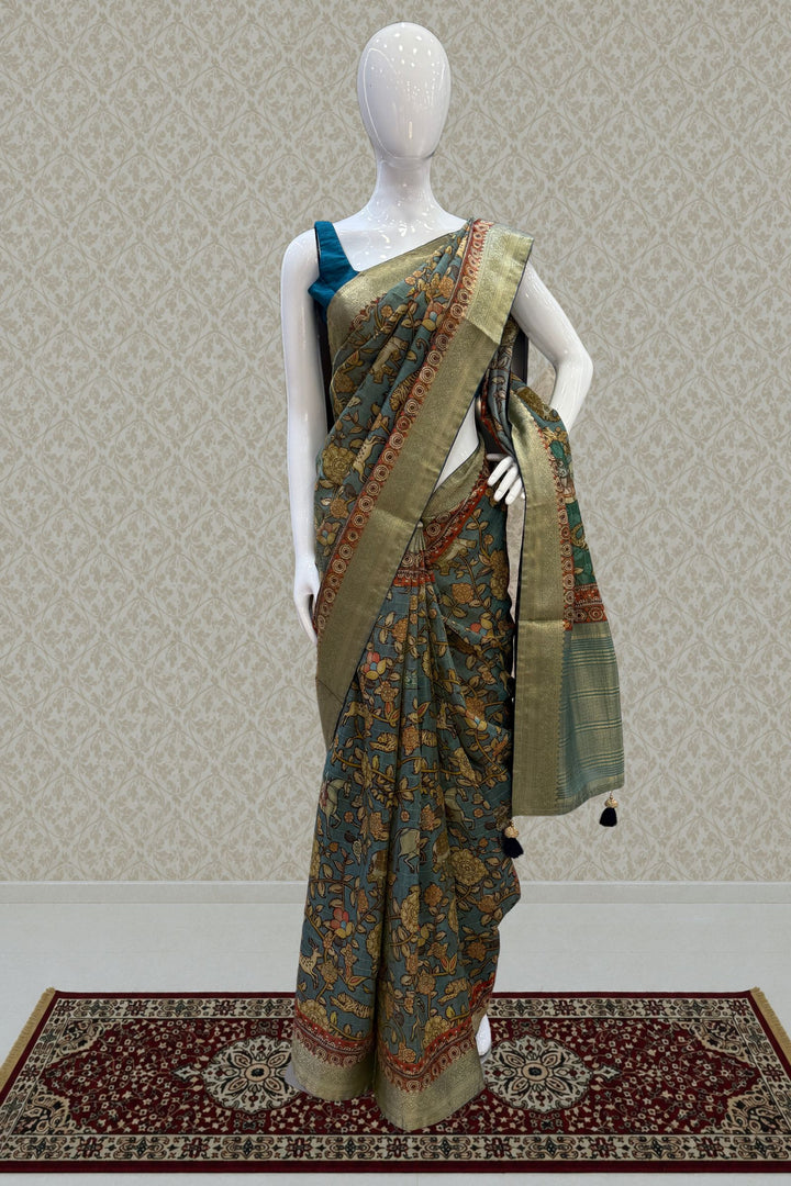 Dusty Blue Saree with Traditional Kalamkari Prints and Banaras Zari Border