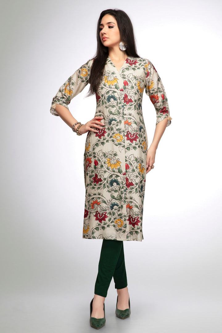 Cream Stone work with Floral Print Calf Length Kurti