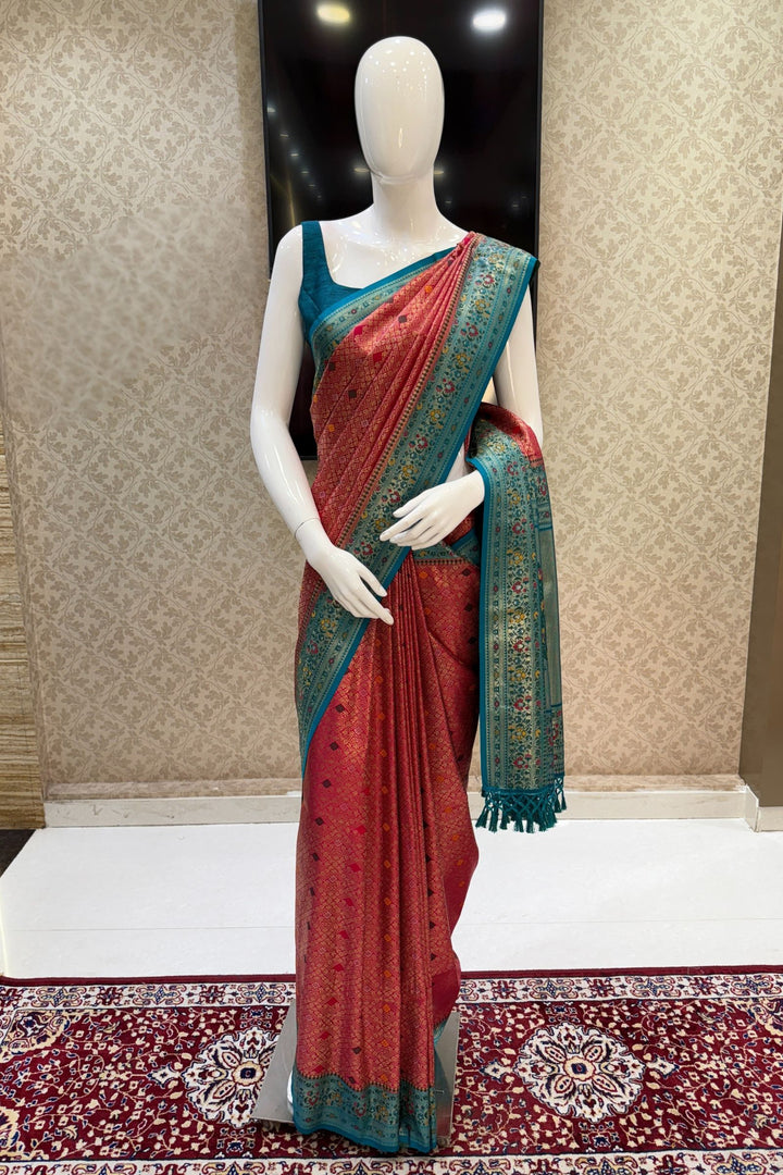 Rani Pink with Rama Blue Banaras work Saree