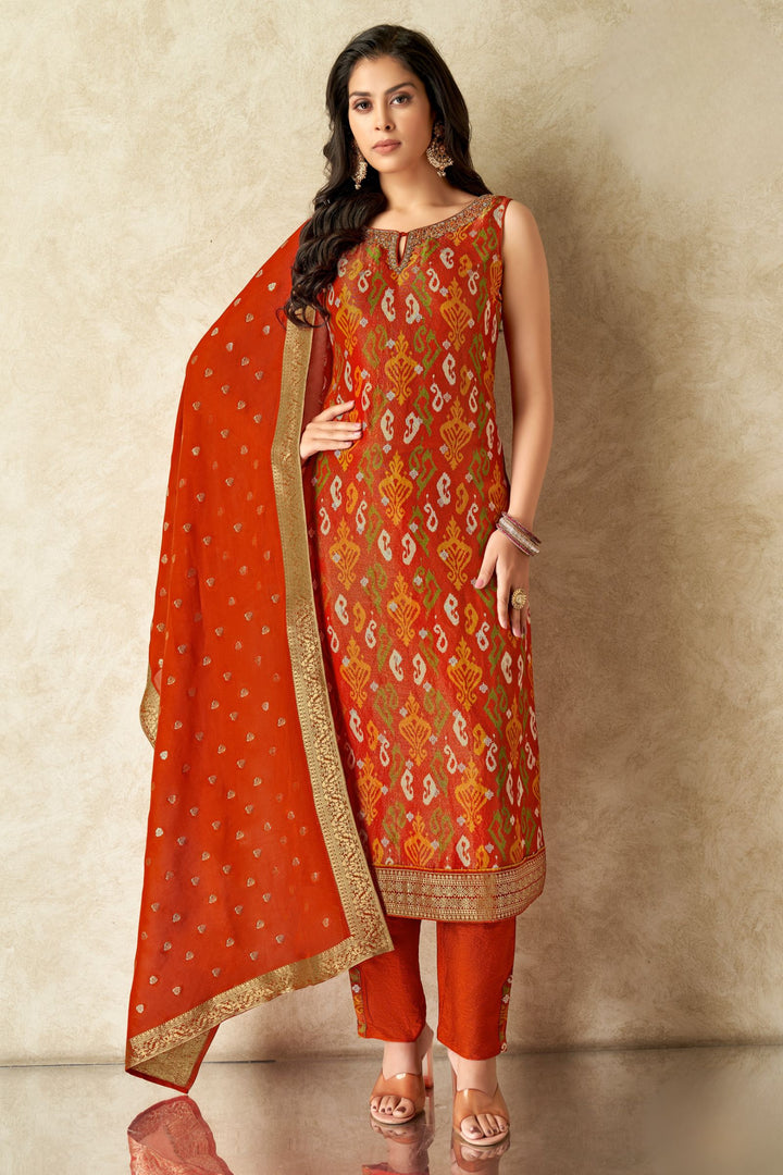 Orange Zardozi, Beads and Banaras Butta work with Ikat Print Straight Cut Salwar Suit