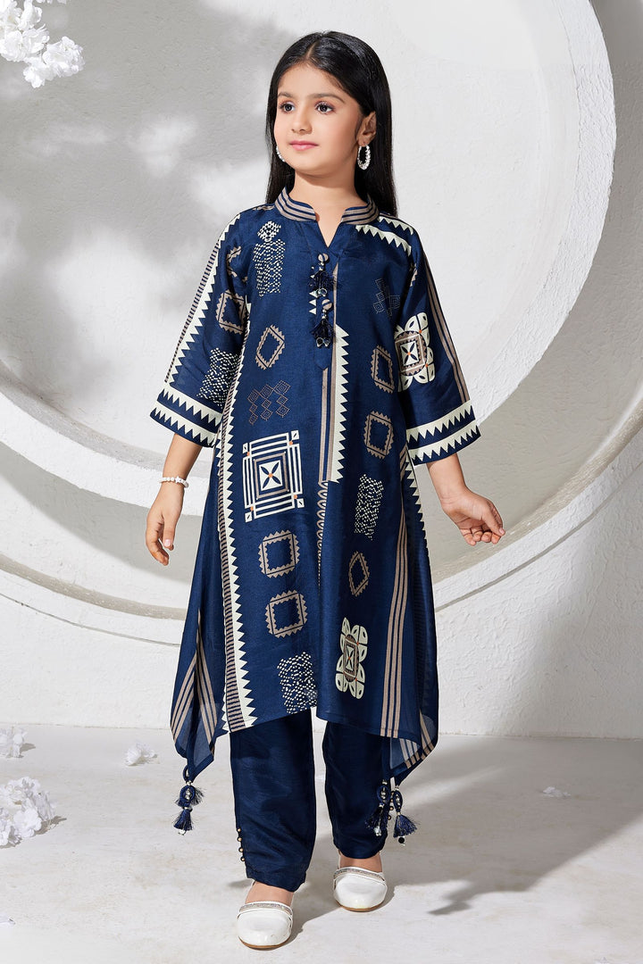 Navy Blue Digital Print A-Line Cut Salwar Suit for Girls