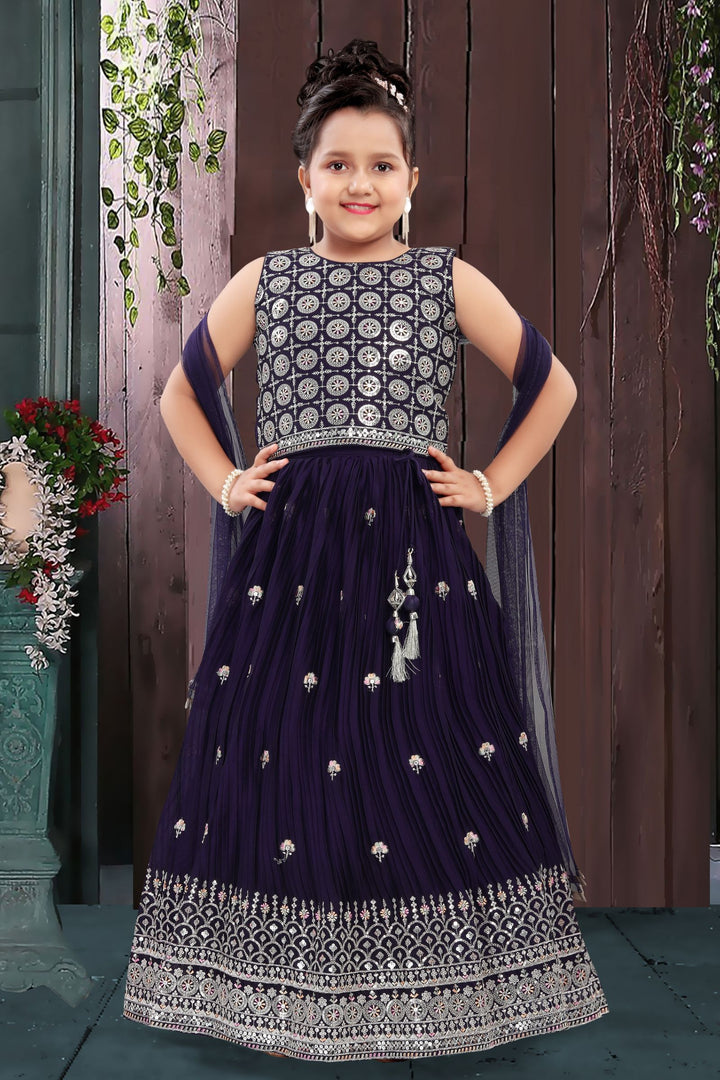 Purple Sequins, Zari and Thread work Lehenga Choli for Girls